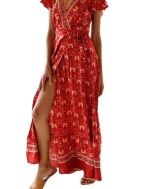 ZESICA Boho Floral Wrap Maxi Dress Red XXL NWT
